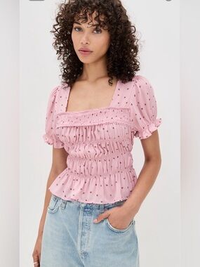 Free People Adore You Floral Smocked Blouse Pink Size L Brand New